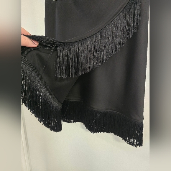 Rachel Zoe Black Fringe Skirt Mini Wrap Retro Satin Size M - Picture 2 of 5